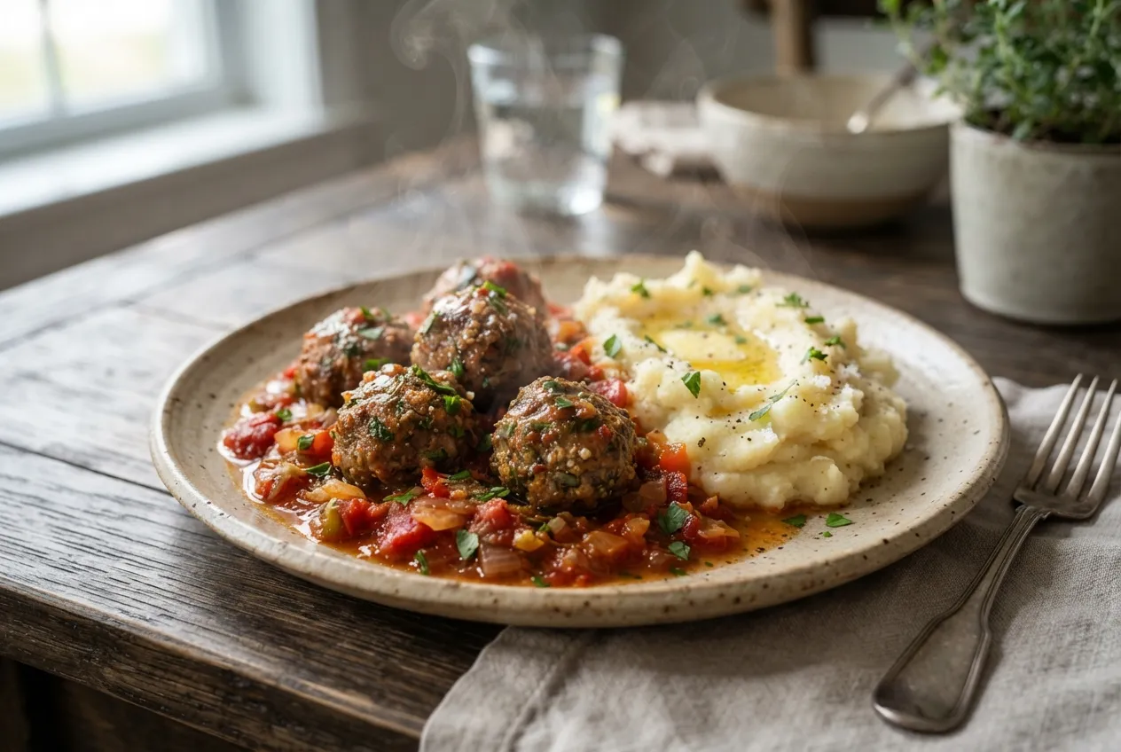 Albondigas en salsa criolla con puré de papas casero