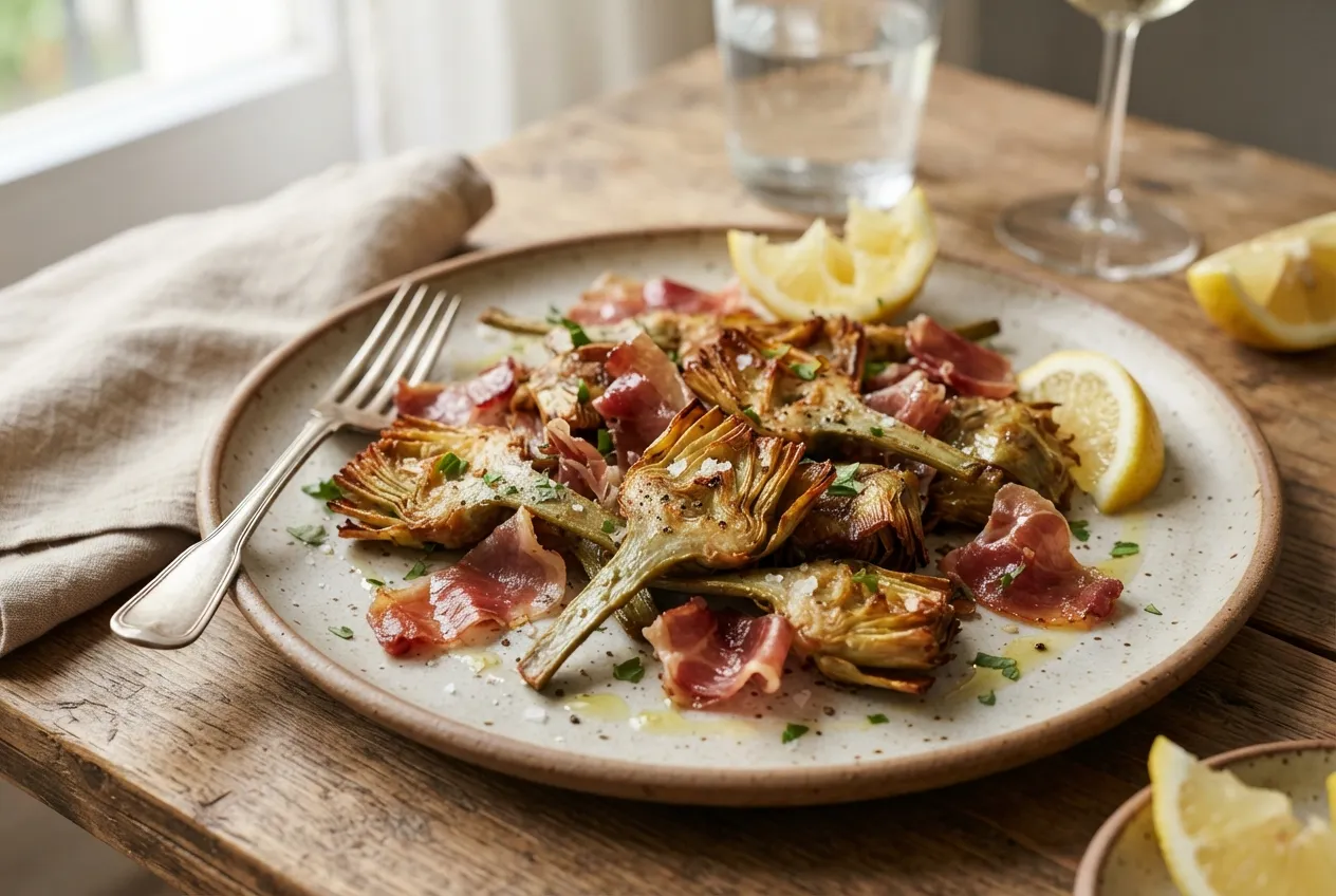 Alcachofas fritas con jamón y limón
