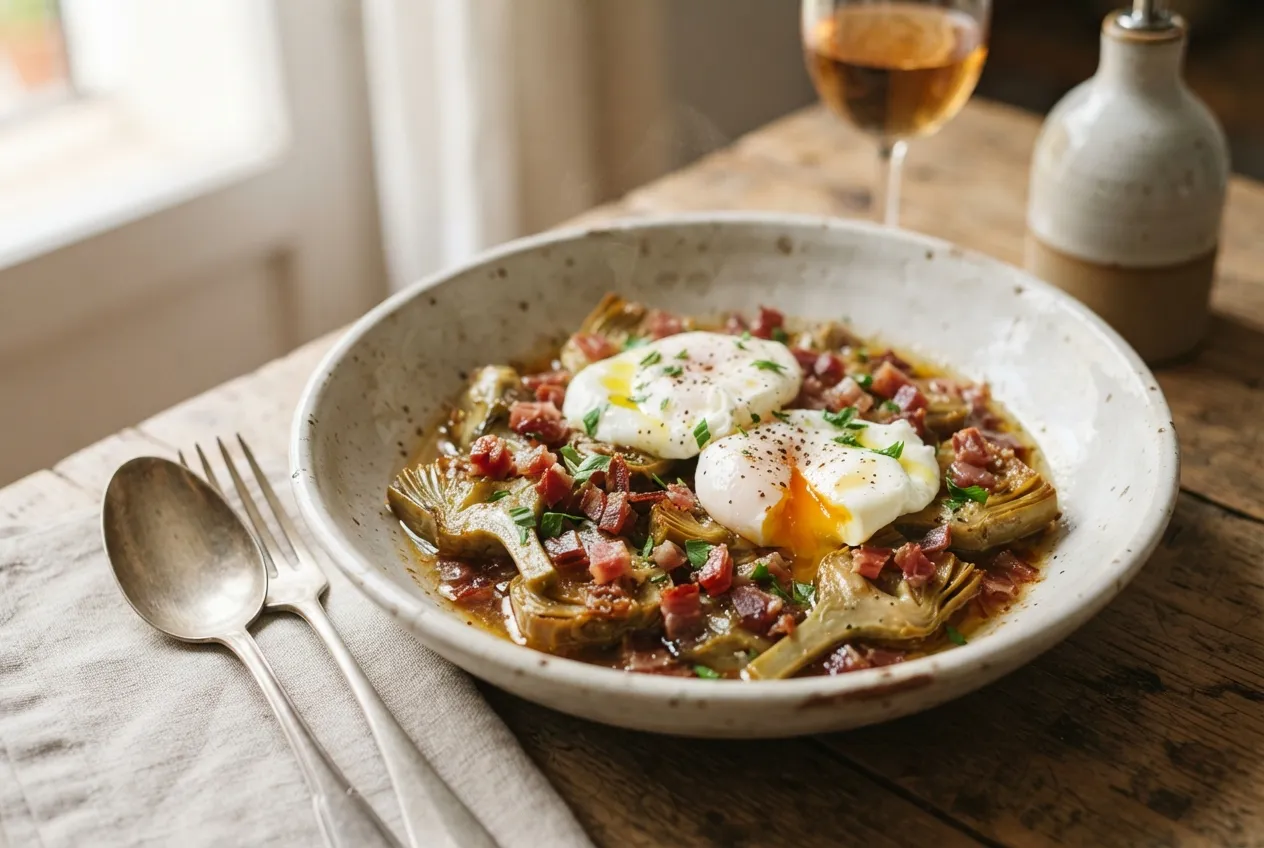 Alcachofas a la montillana con jamón y huevo