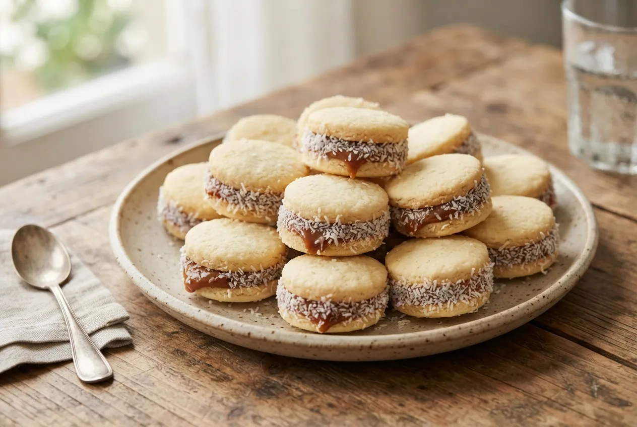 Alfajores caseros rellenos de dulce de leche y coco