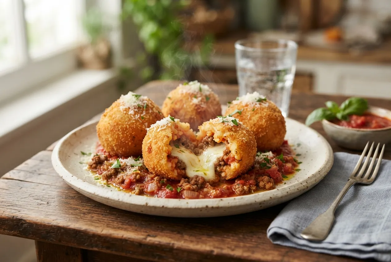 Arancini crocantes rellenos de queso y carne