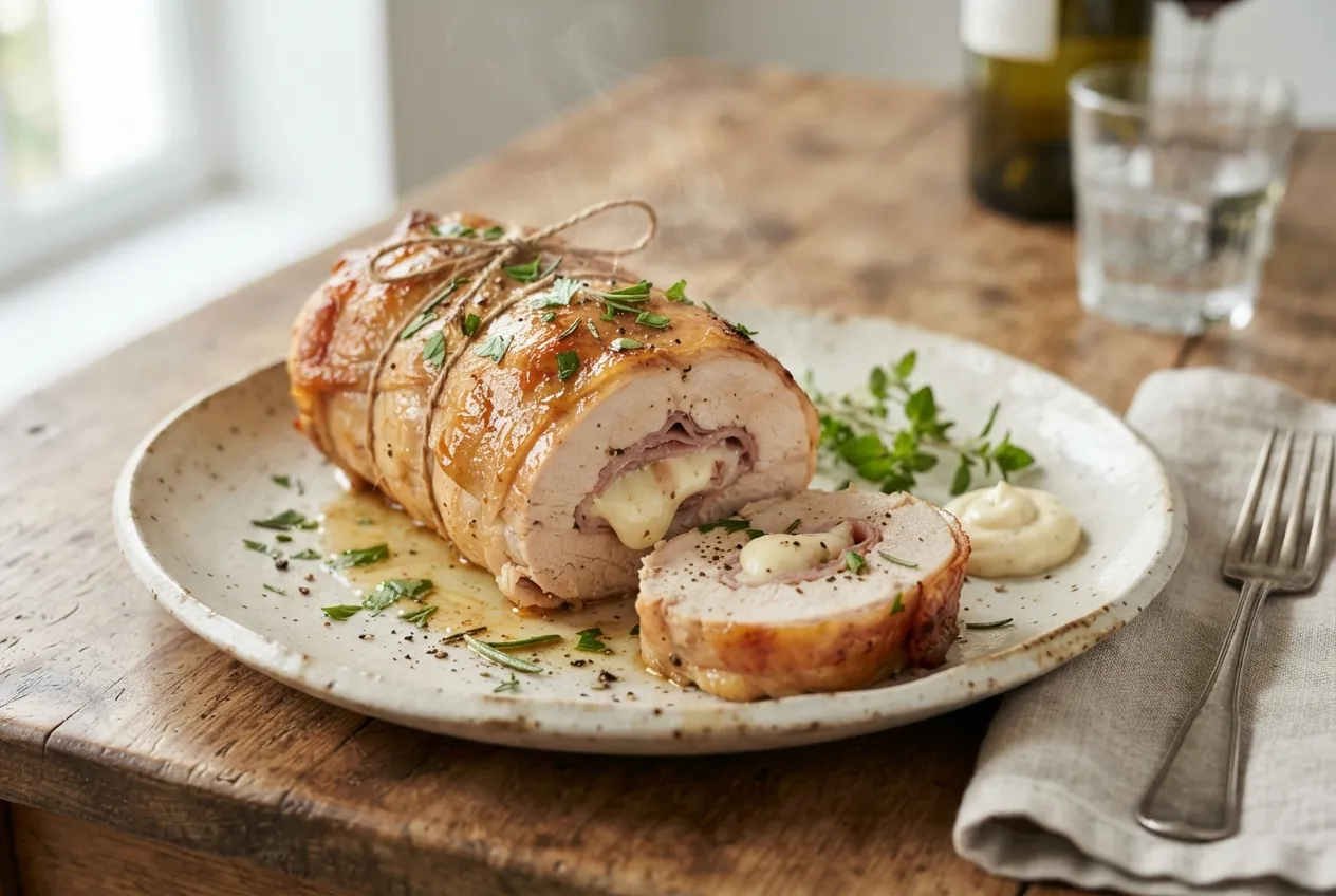 Arrollado de pollo relleno con jamón y queso al horno
