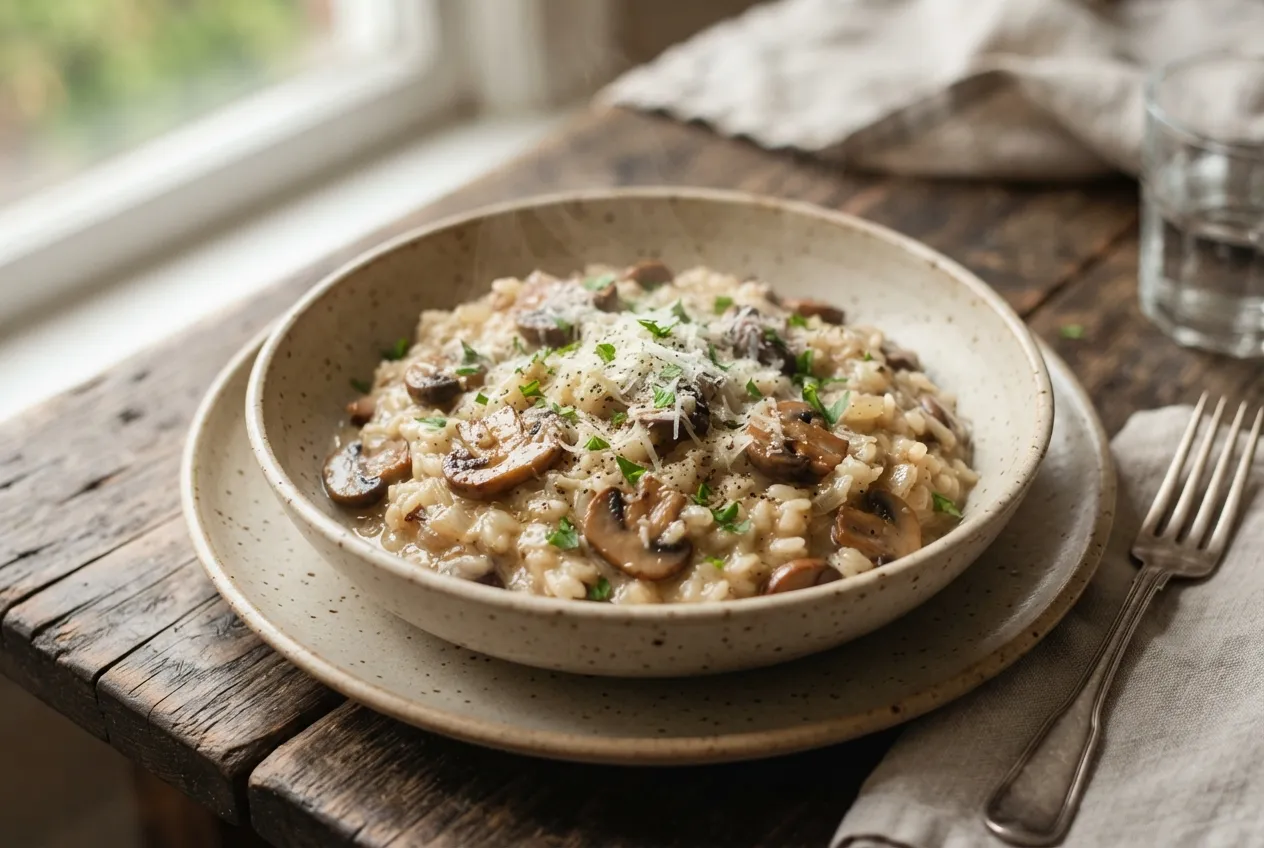 Arroz cremoso con champiñones salteados y queso rallado