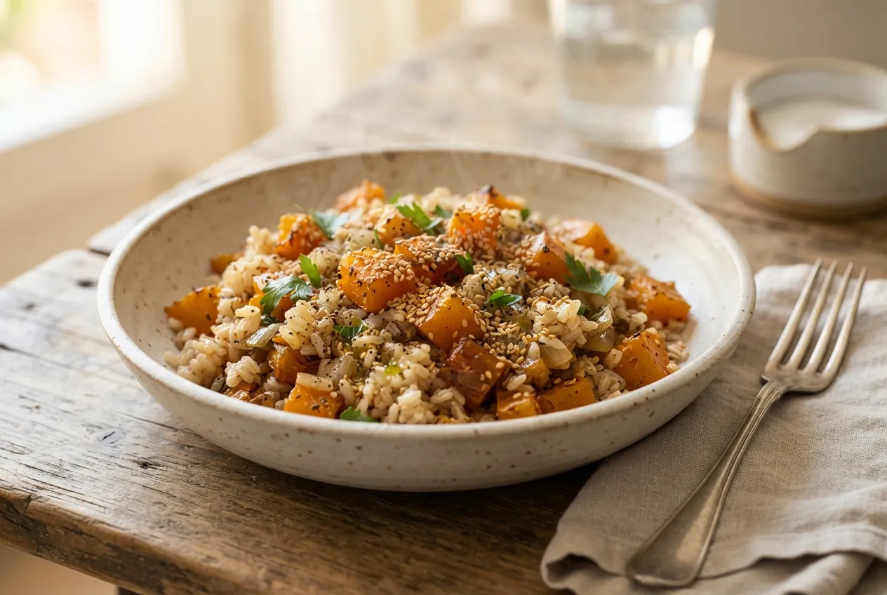 Arroz integral con calabaza y semillas de sésamo tostado