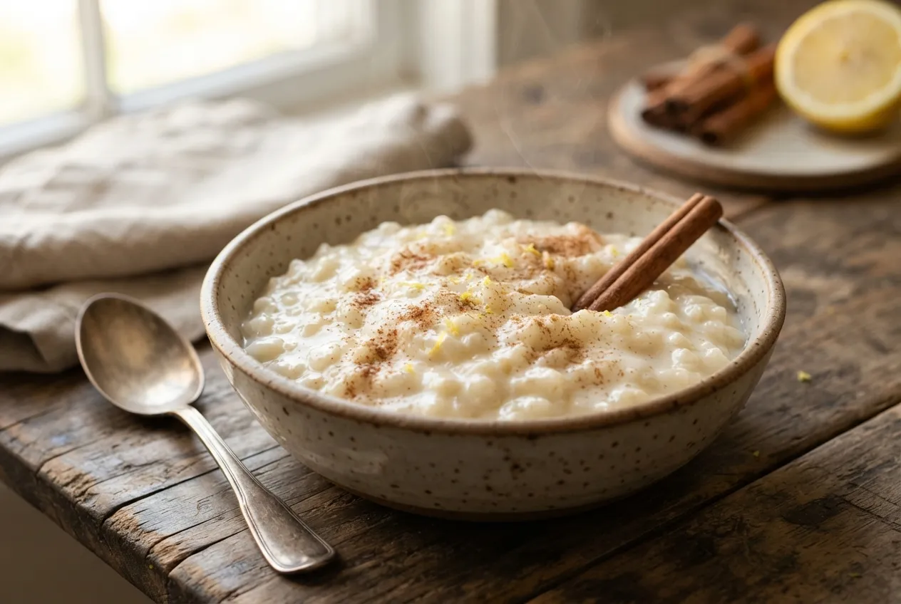 Arroz con leche cremoso y canela para postre clásico