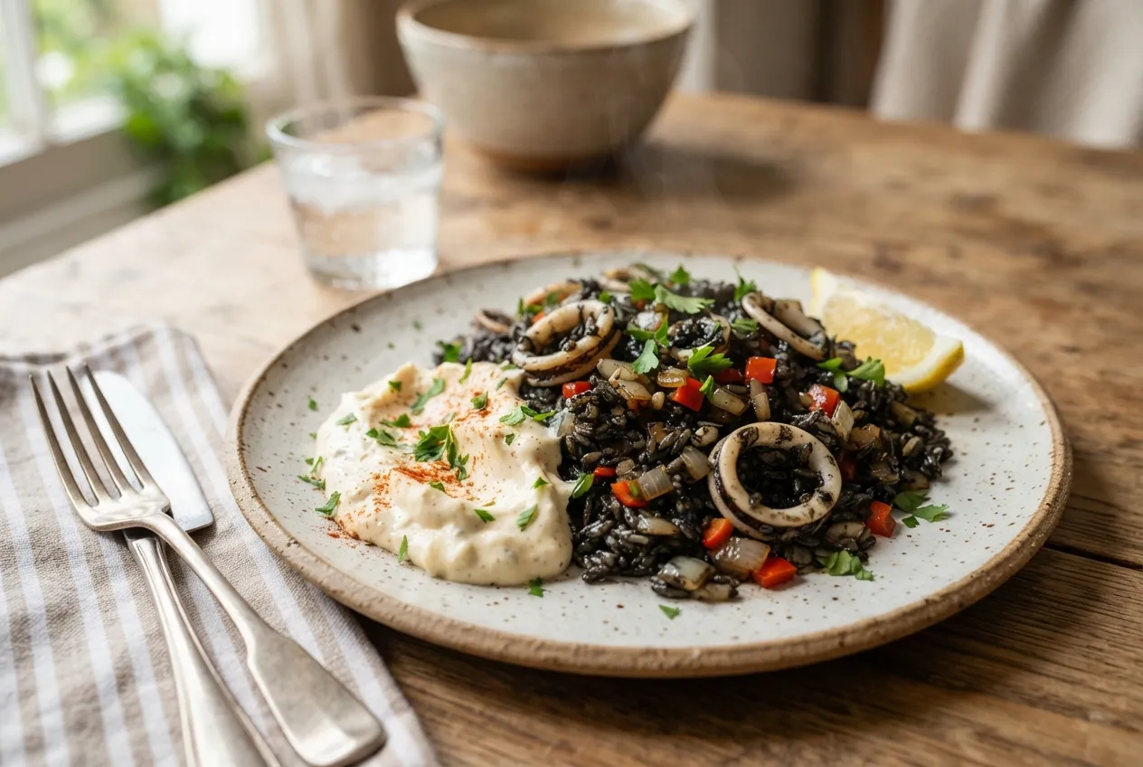 Arroz negro con calamares y alioli casero