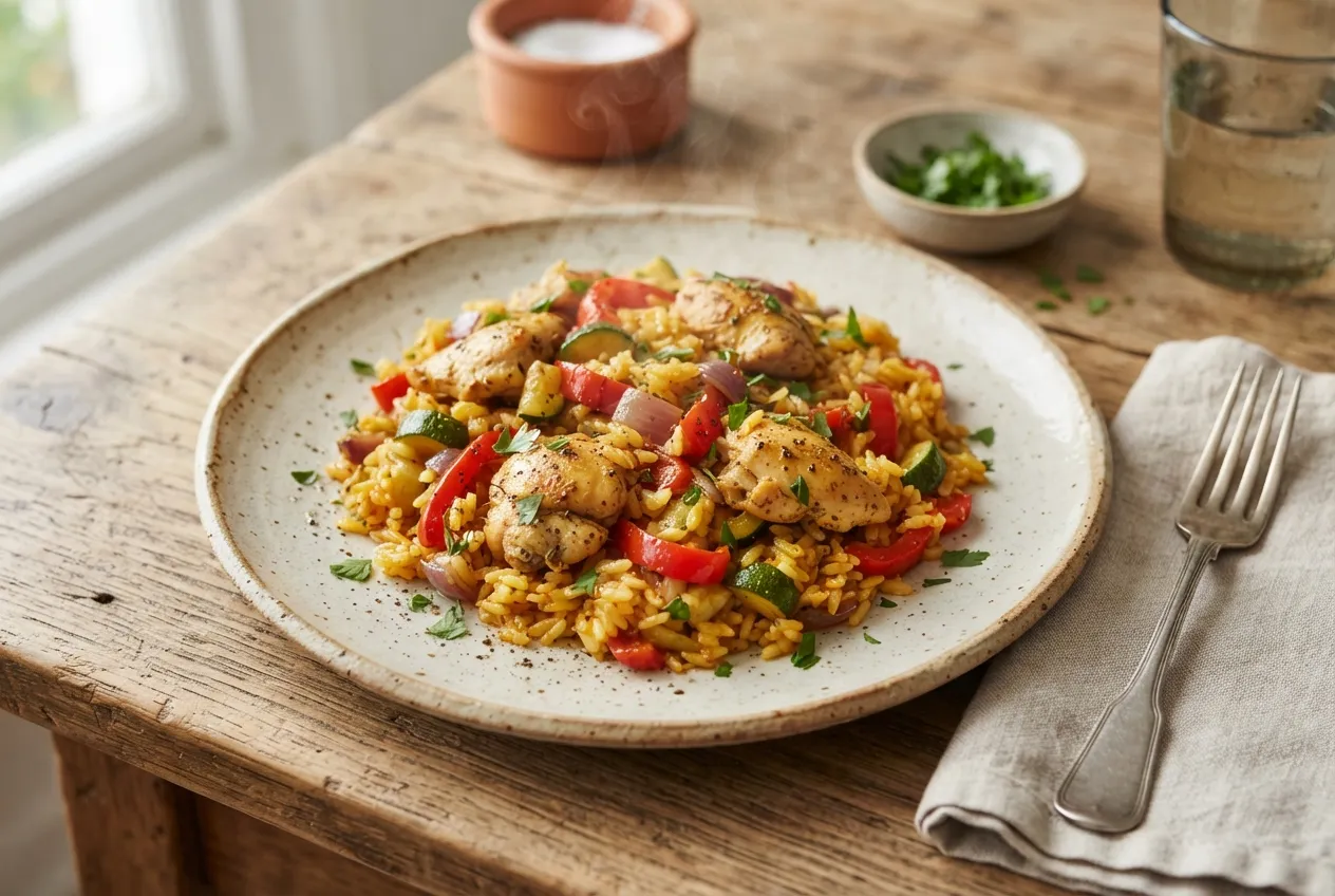 Arroz con pollo a la provenzal con verduras salteadas