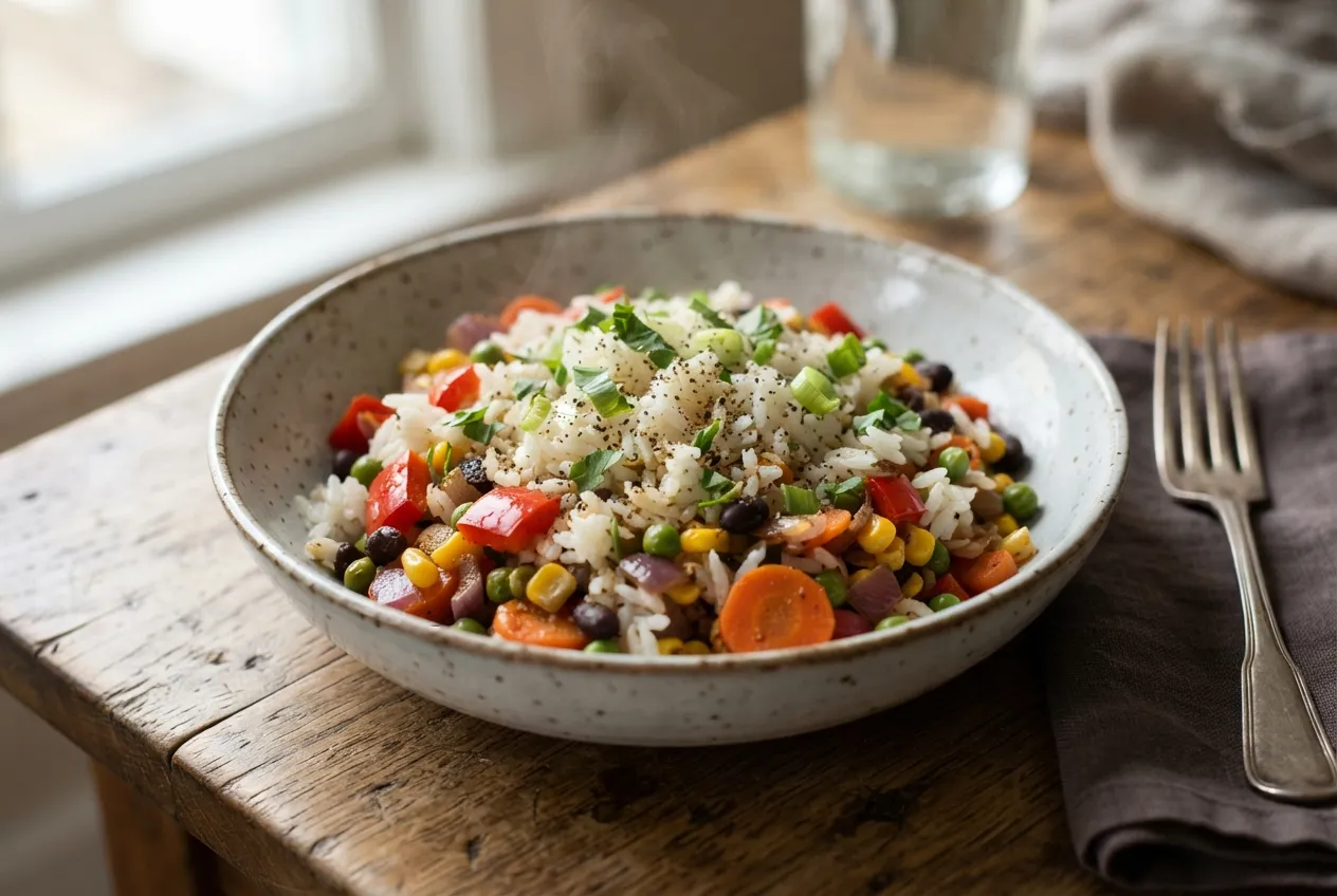 Arroz con vegetales salteados y especias criollas