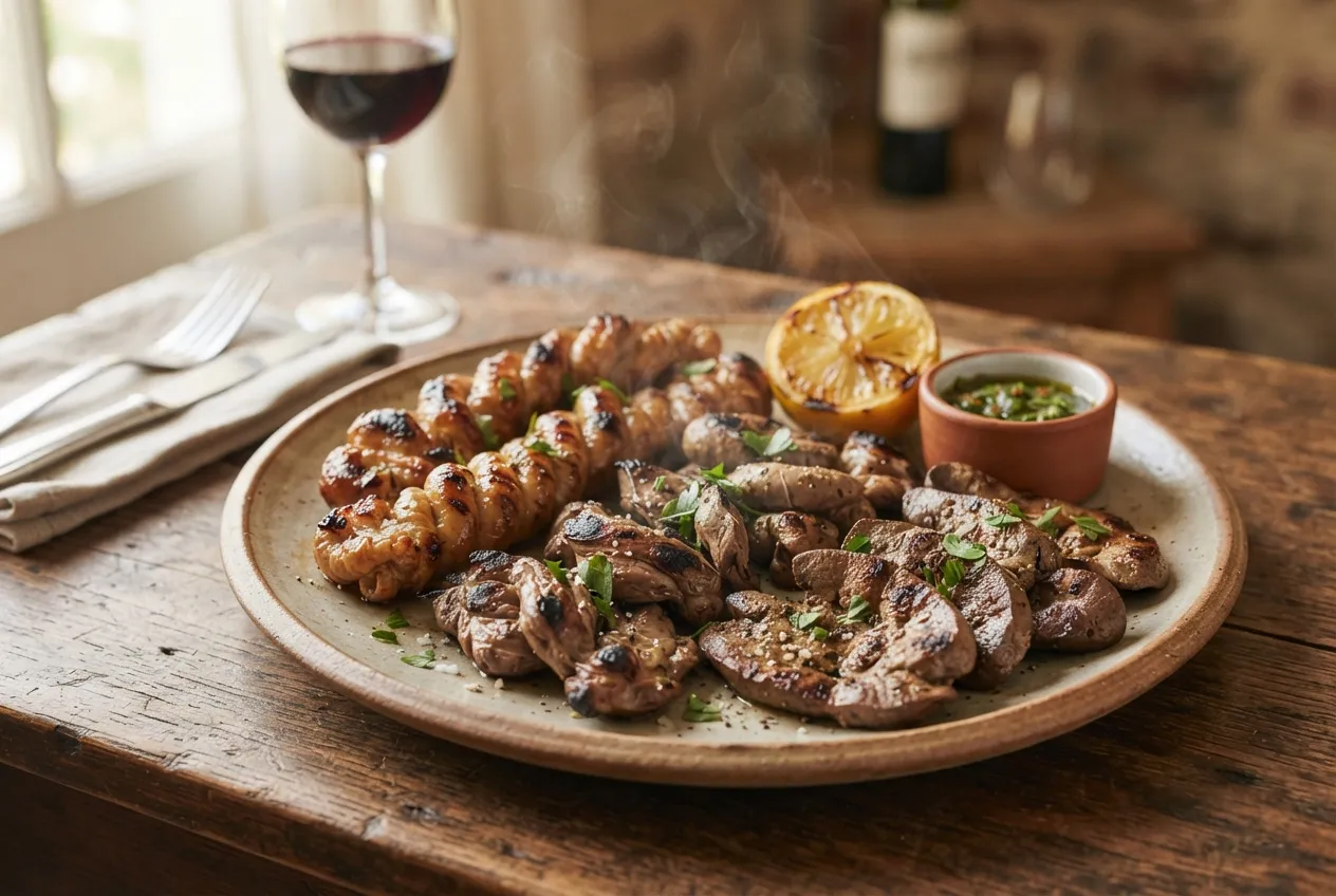 Asado con achuras: chinchulines, mollejas y riñones a la parrilla
