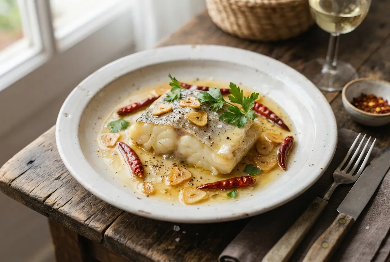 Bacalao al pil pil con aceite de oliva y ajo
