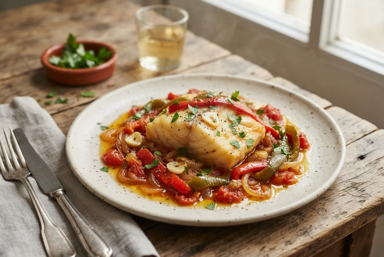 Bacalao a la riojana con pimiento y tomate