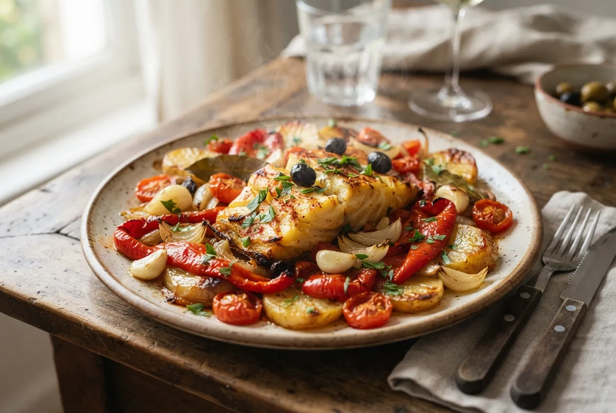 Bacalhau a la portuguesa con papas y verduras al horno
