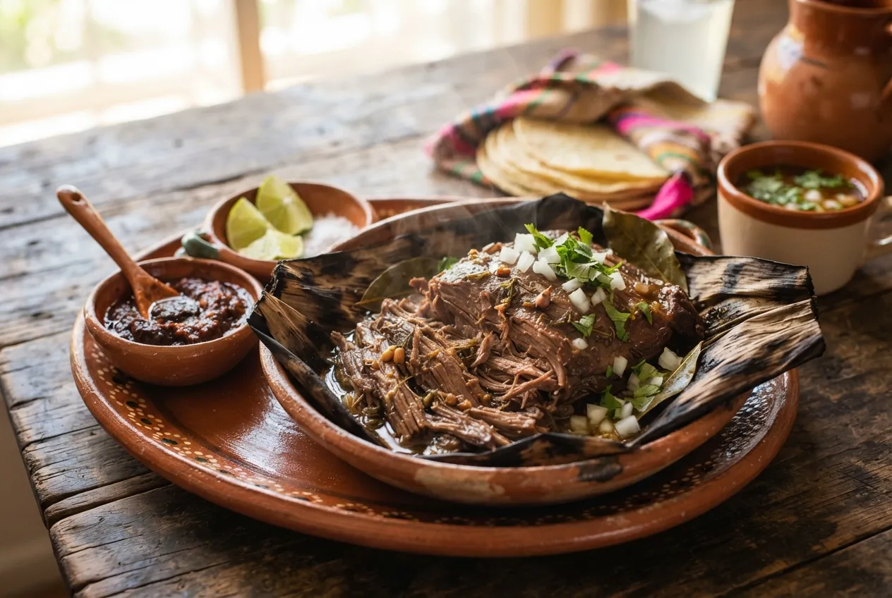 Barbacoa de borrego al horno con hoja de maguey tradicional