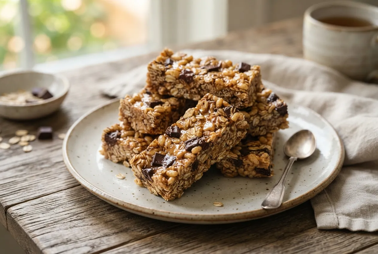 Barritas caseras de cereales y chocolate para un desayuno rápido