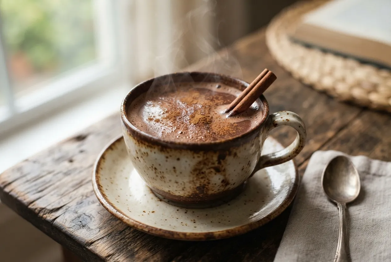 Bebida caliente de cacao con leche y canela para el desayuno