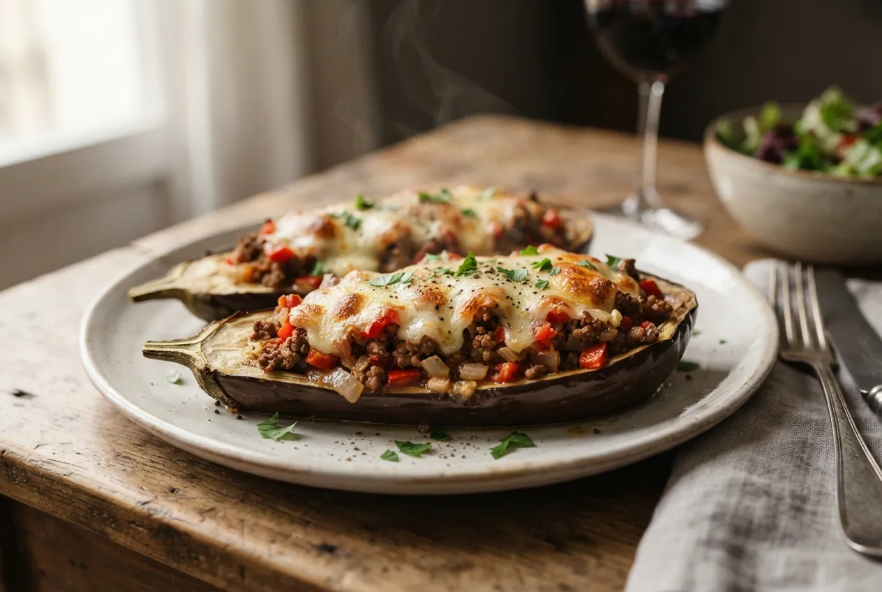 Berenjenas rellenas con carne, verduras y queso gratinado