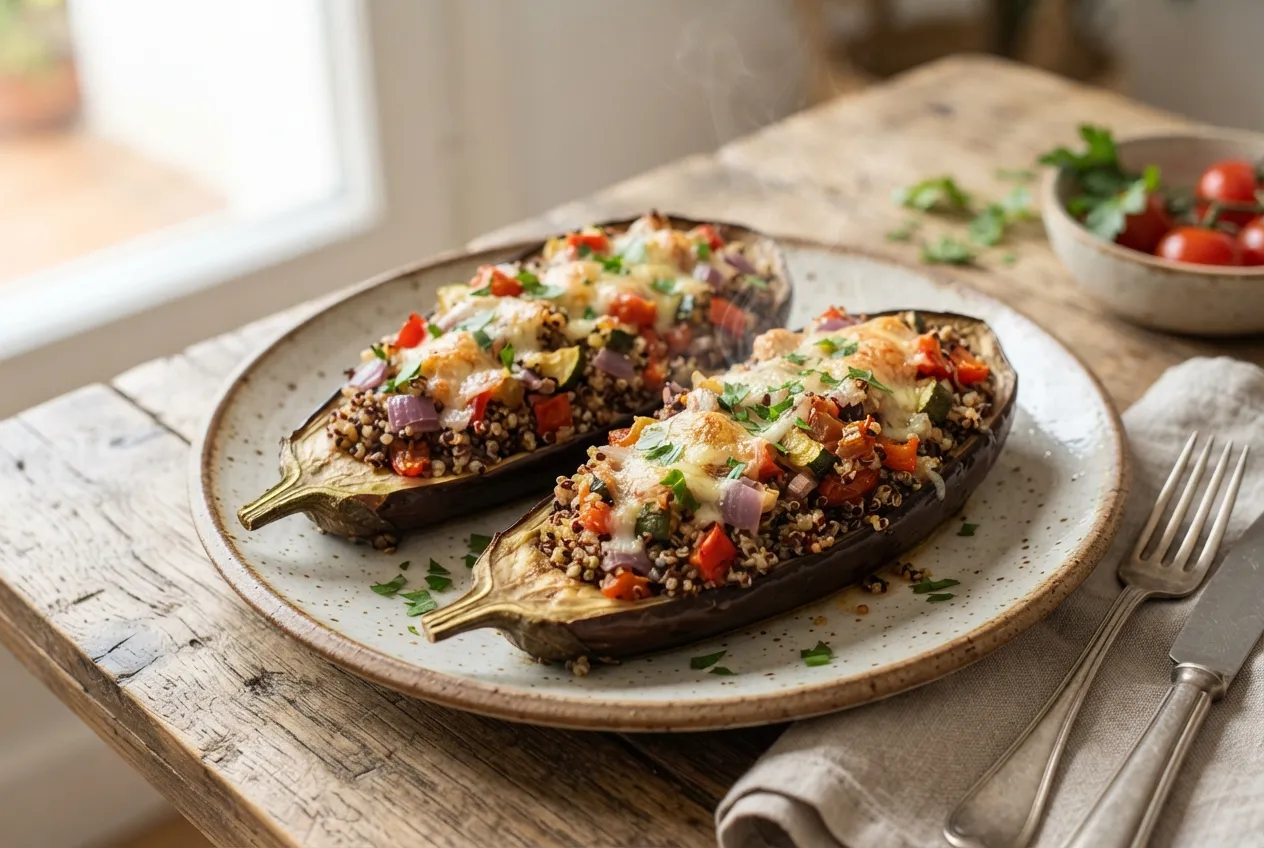 Berenjenas rellenas de verduras y quinoa al horno