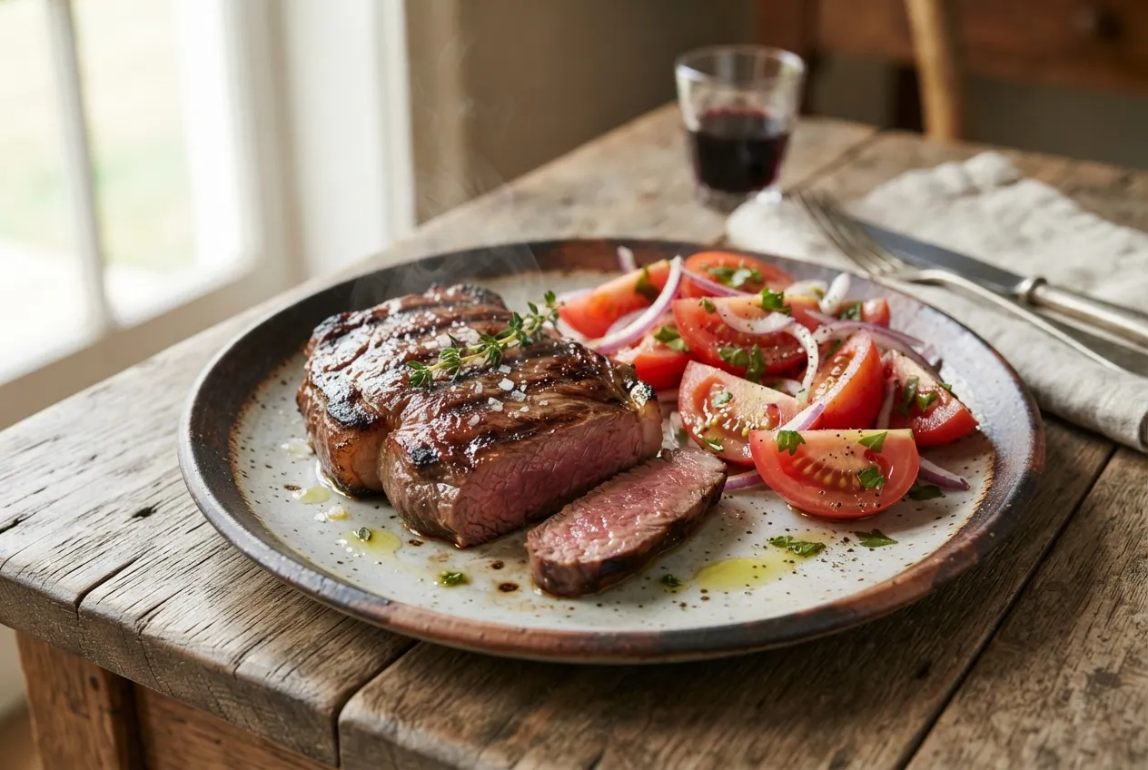 Bife de chorizo a la parrilla con ensalada de tomate y cebolla