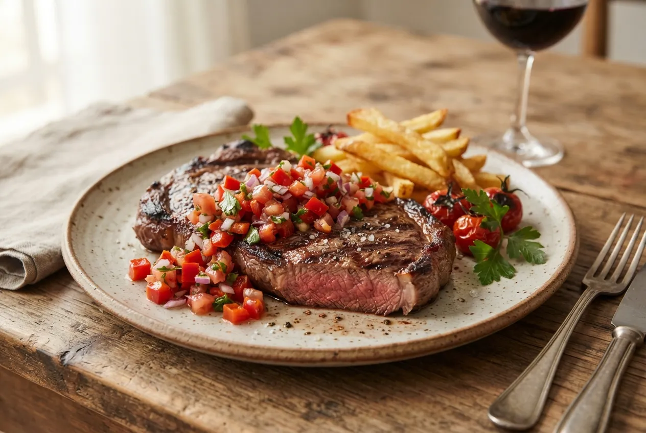 Bife de chorizo a la parrilla con salsa criolla