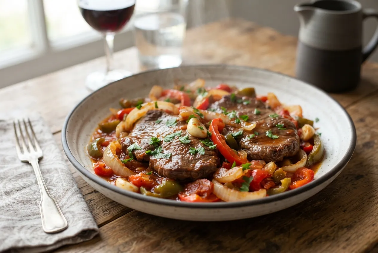 Bife a la criolla con cebolla y pimientos salteados