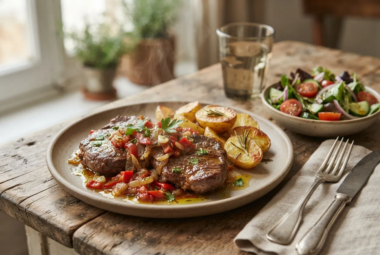 Bife a la criolla con papas al horno y ensalada simple