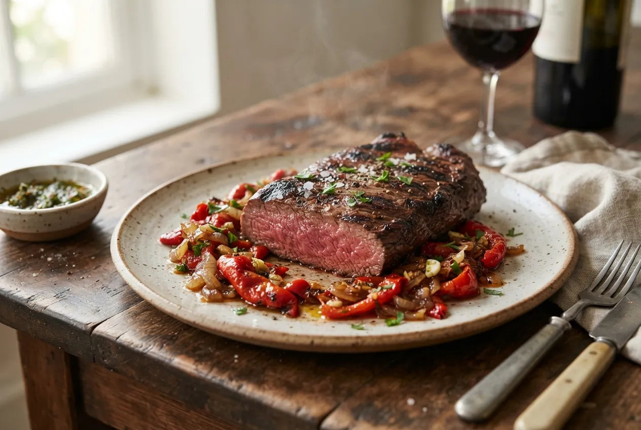Bife de vacío a la parrilla con salsa de morrones