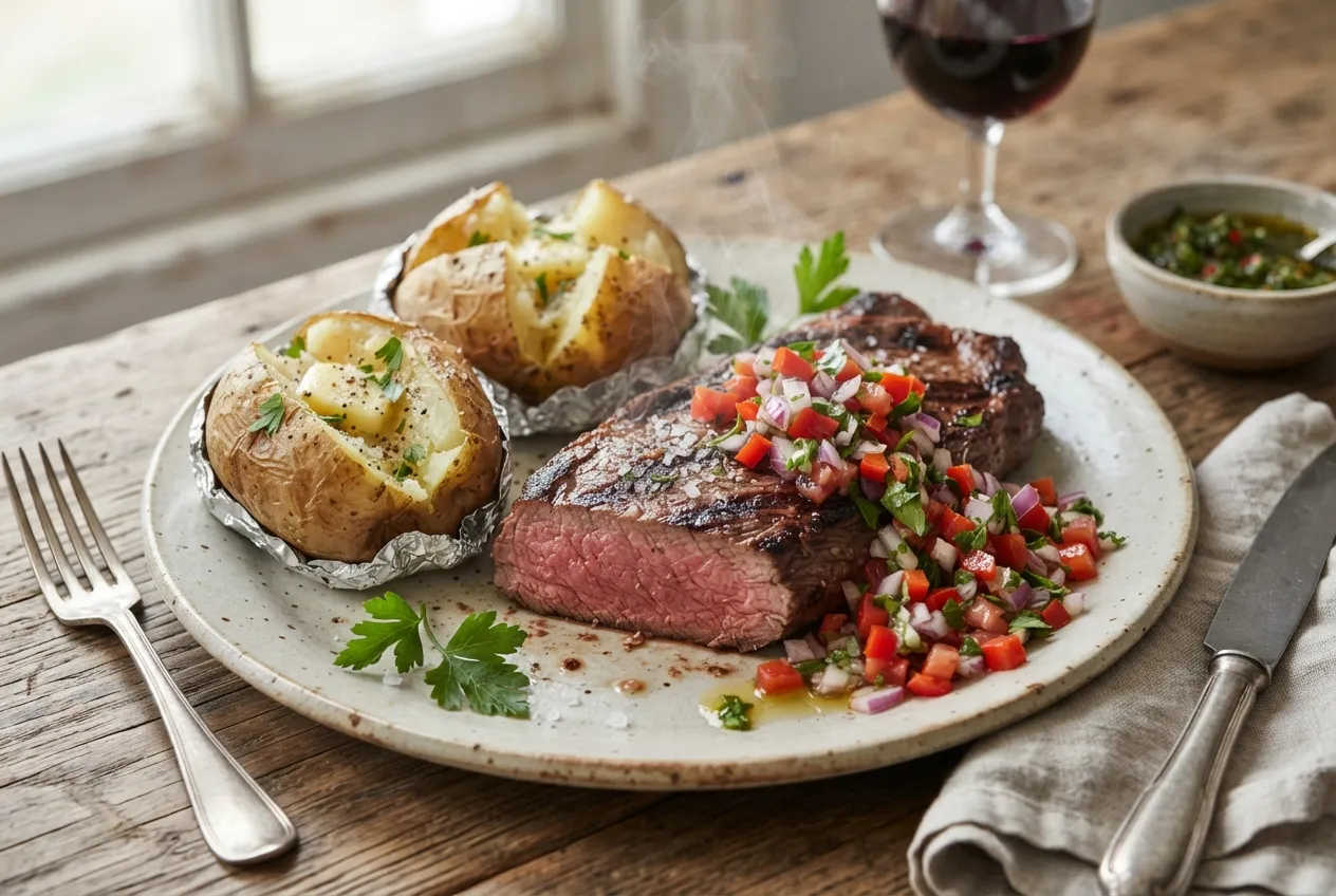 Bife de vacío con salsa criolla y papas al plomo para asado