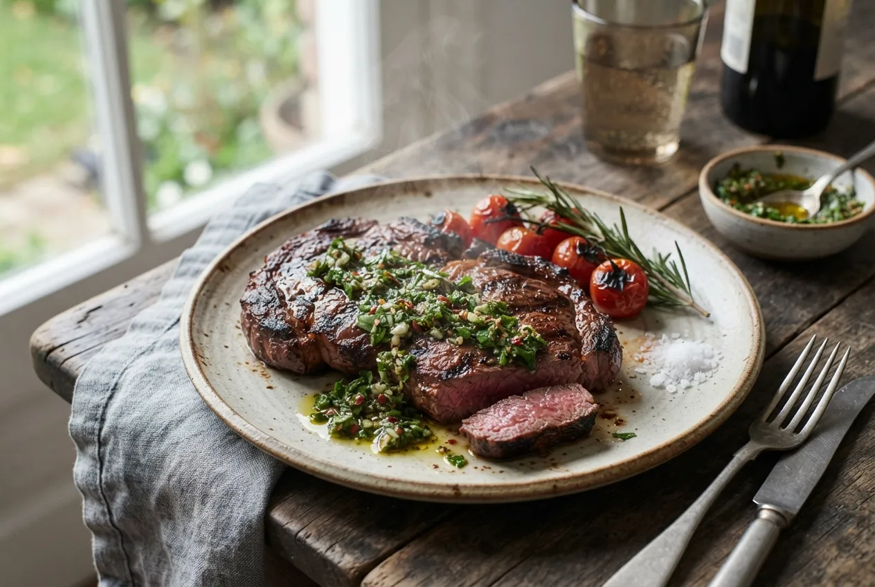 Bifes de chorizo a la parrilla con chimichurri
