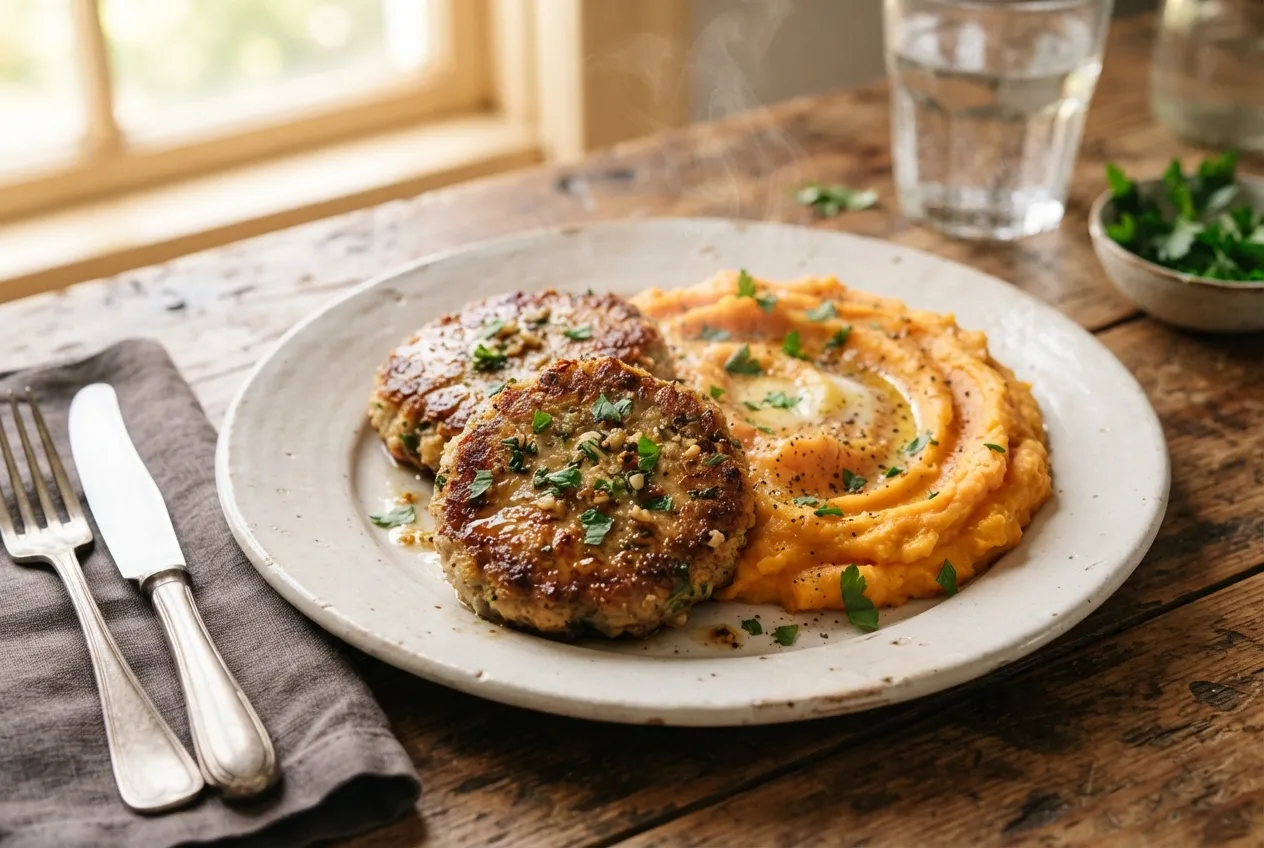 Bifes de soja caseros con puré de batatas