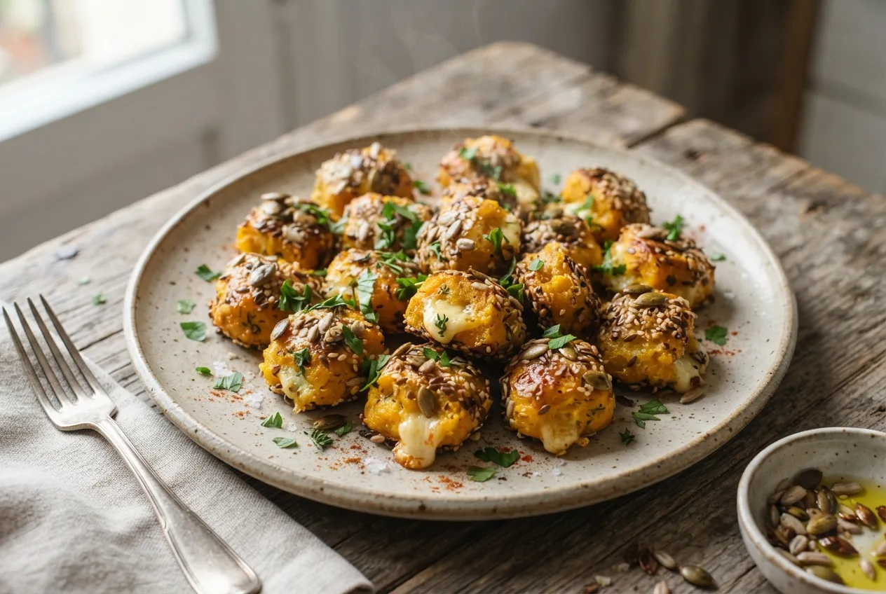 Bocaditos de calabaza con queso y semillas en horno