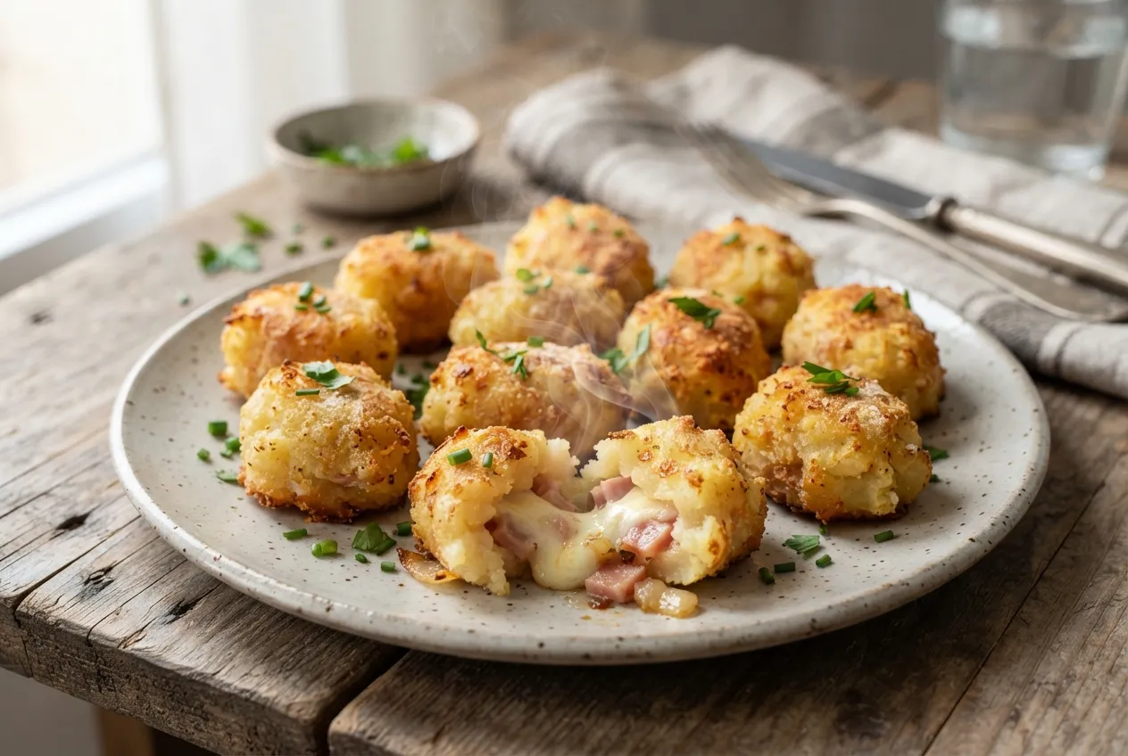 Bocaditos de papa rellenos con jamón y queso al horno