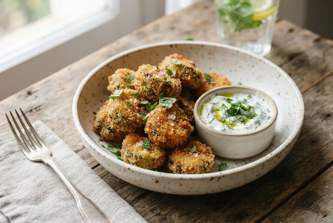 Bocconcitos de berenjena fritos con salsa de yogurt y menta