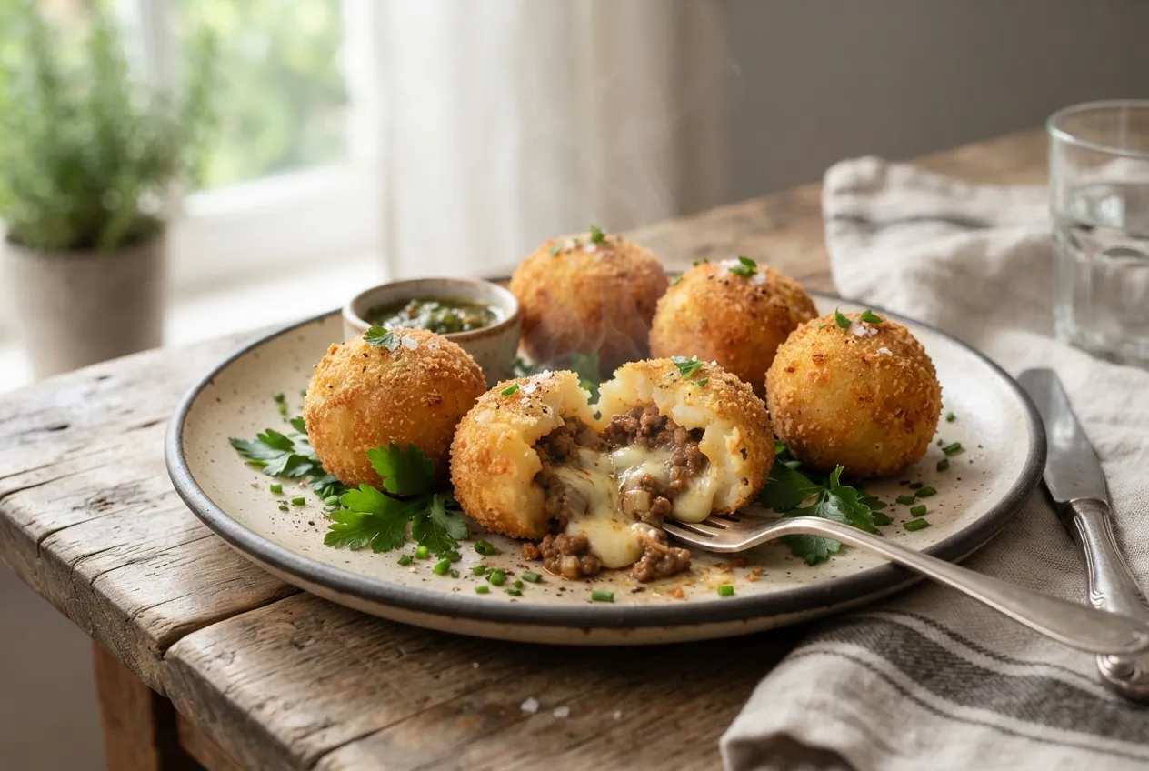 Bombas de papa rellenas con carne picada y queso