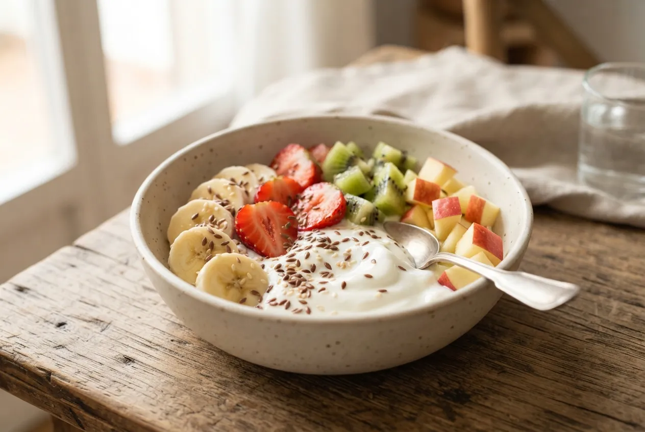Bowl de frutas frescas con yogur natural y semillas de lino