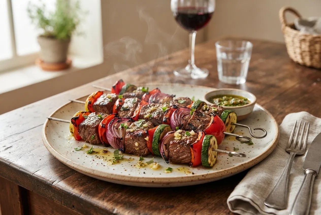 Brochettes mixtas de carne y vegetales para la parrilla