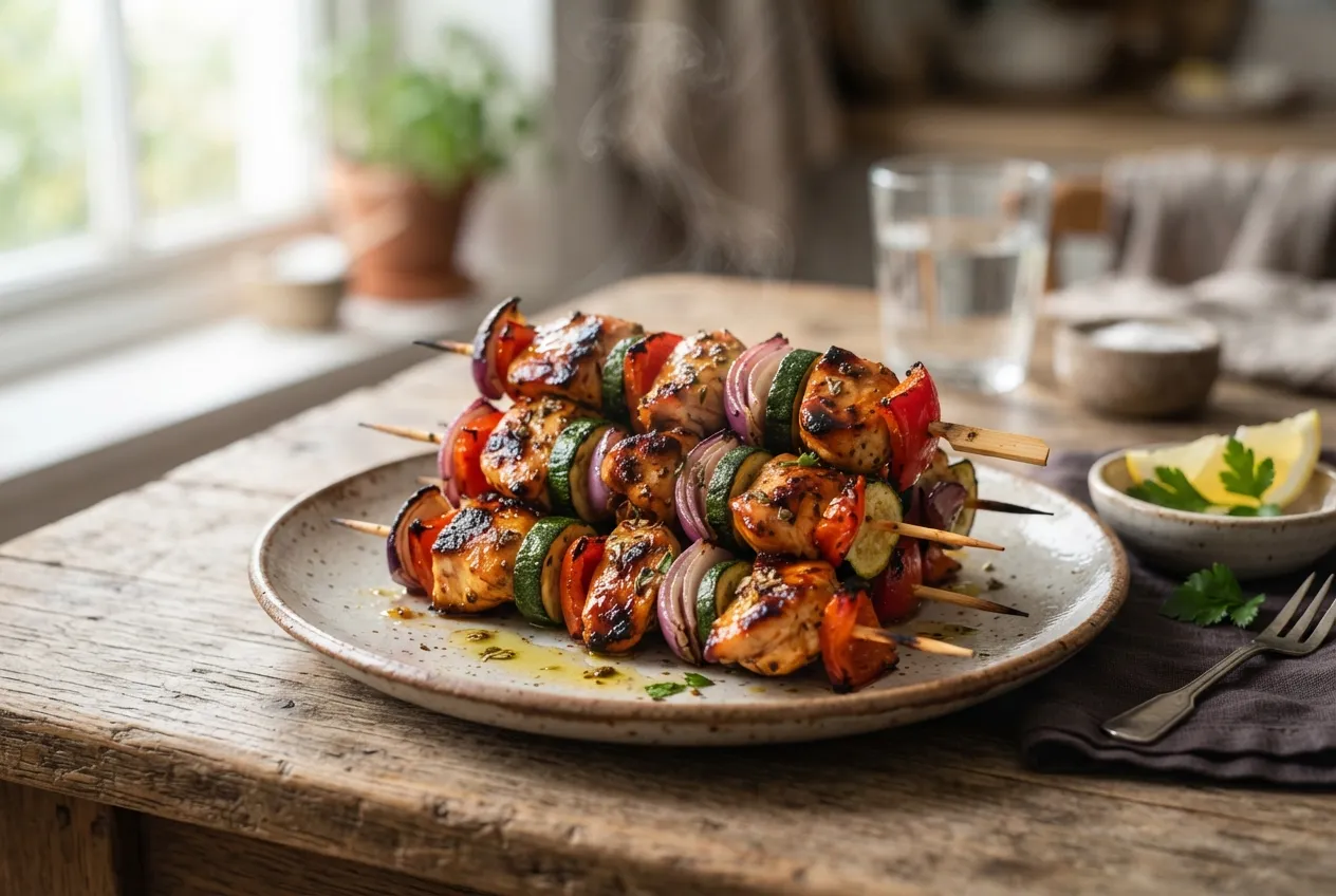 Brochettes de pollo y vegetales en air fryer