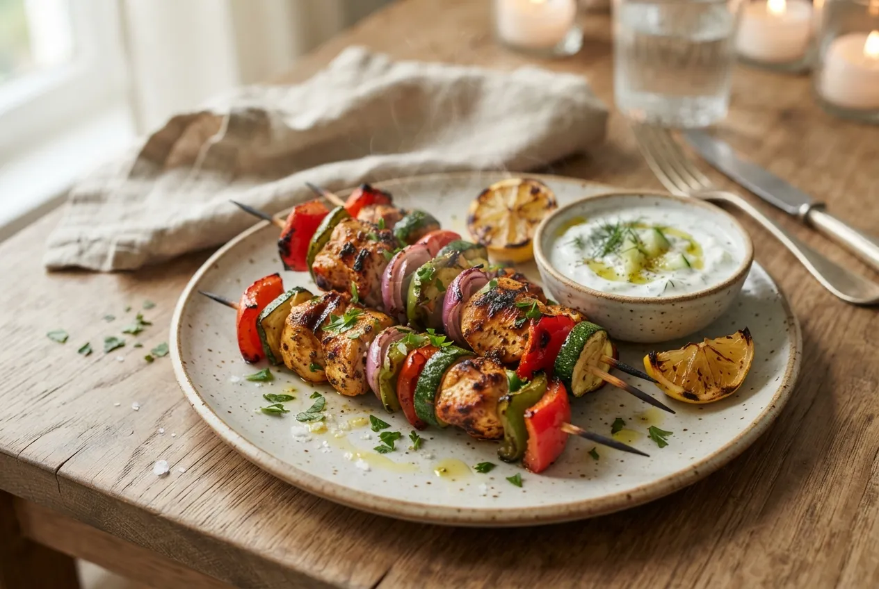 Brochettes de pollo con vegetales y salsa de yogur para la cena