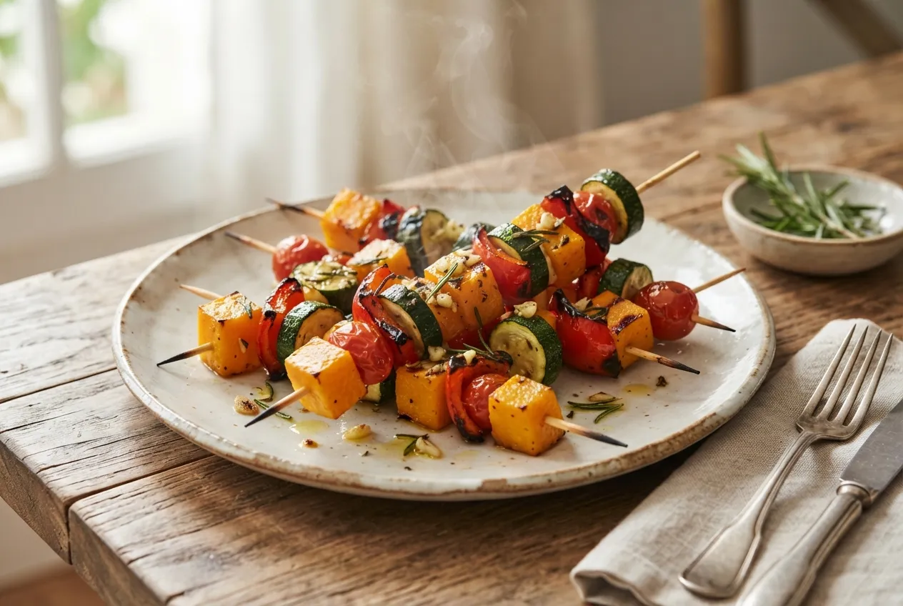 Brochettes vegetarianas con calabaza, zucchini y morrones