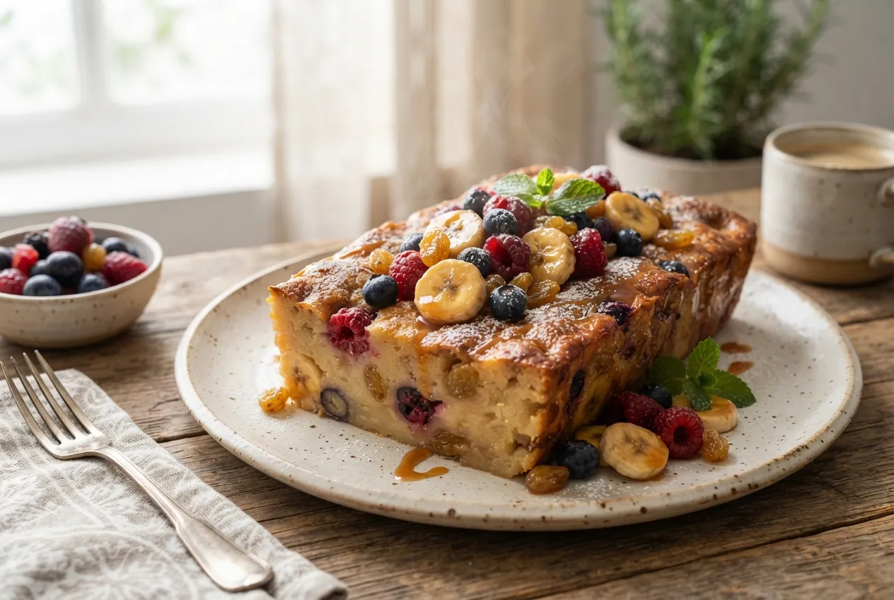 Budín de mandioca con frutas para el desayuno
