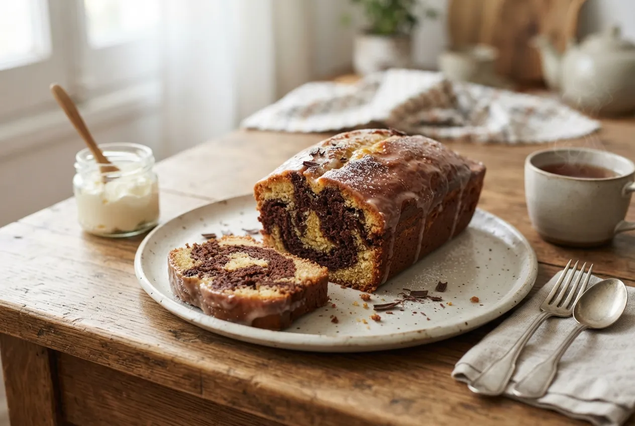 Budín marmolado de vainilla y chocolate para el té