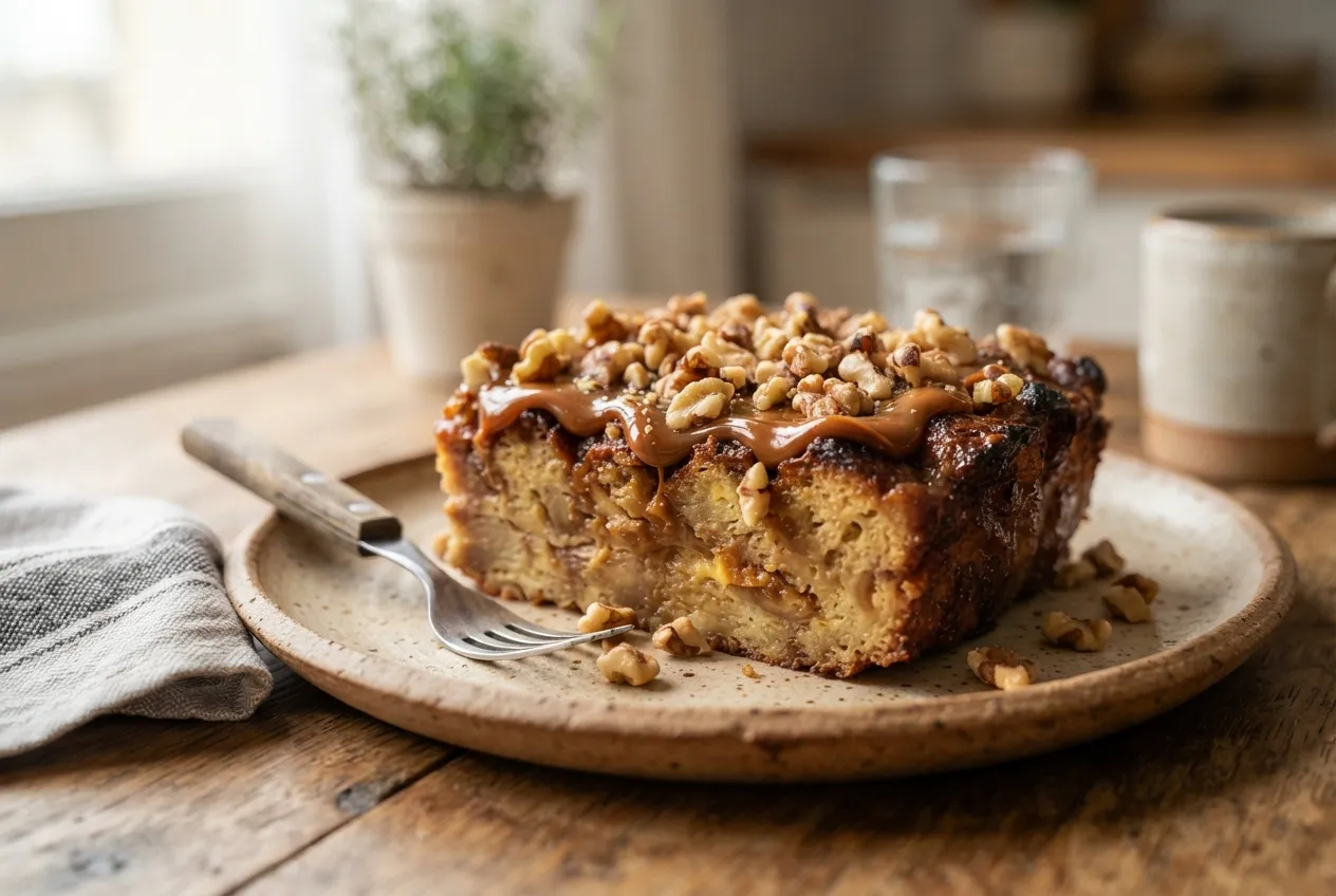 Budín de pan con dulce de leche y nueces para merienda