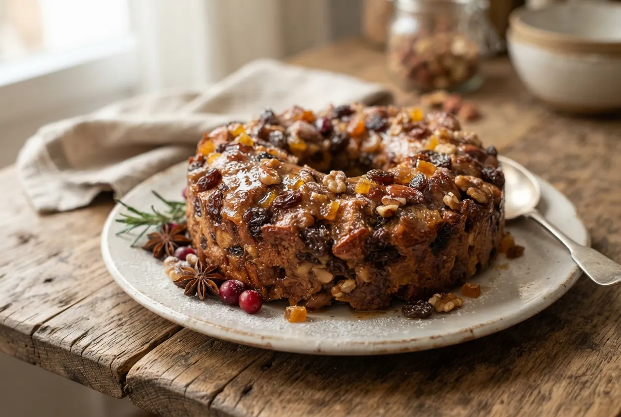 Budín de pan dulce navideño con frutas secas y especias