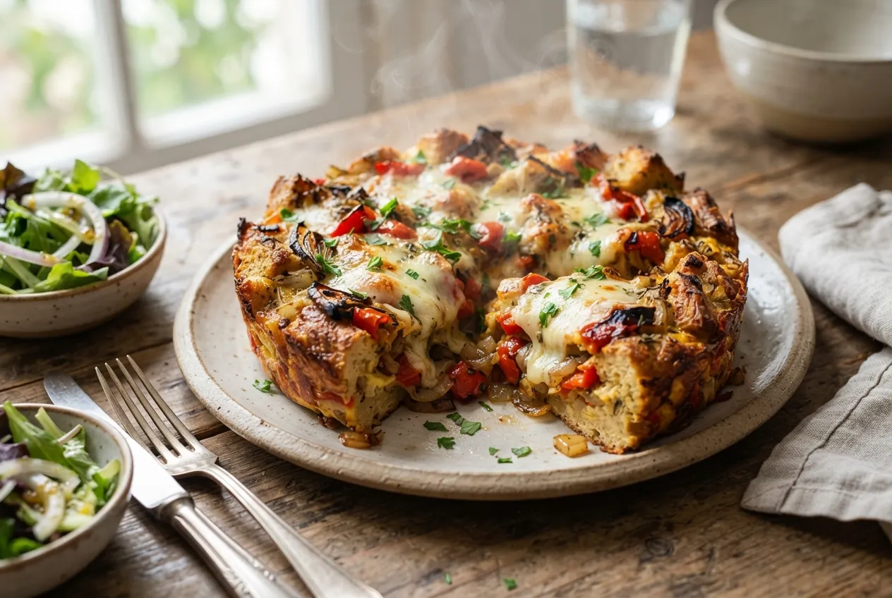 Budín de pan salado con queso y verduras para el mediodía