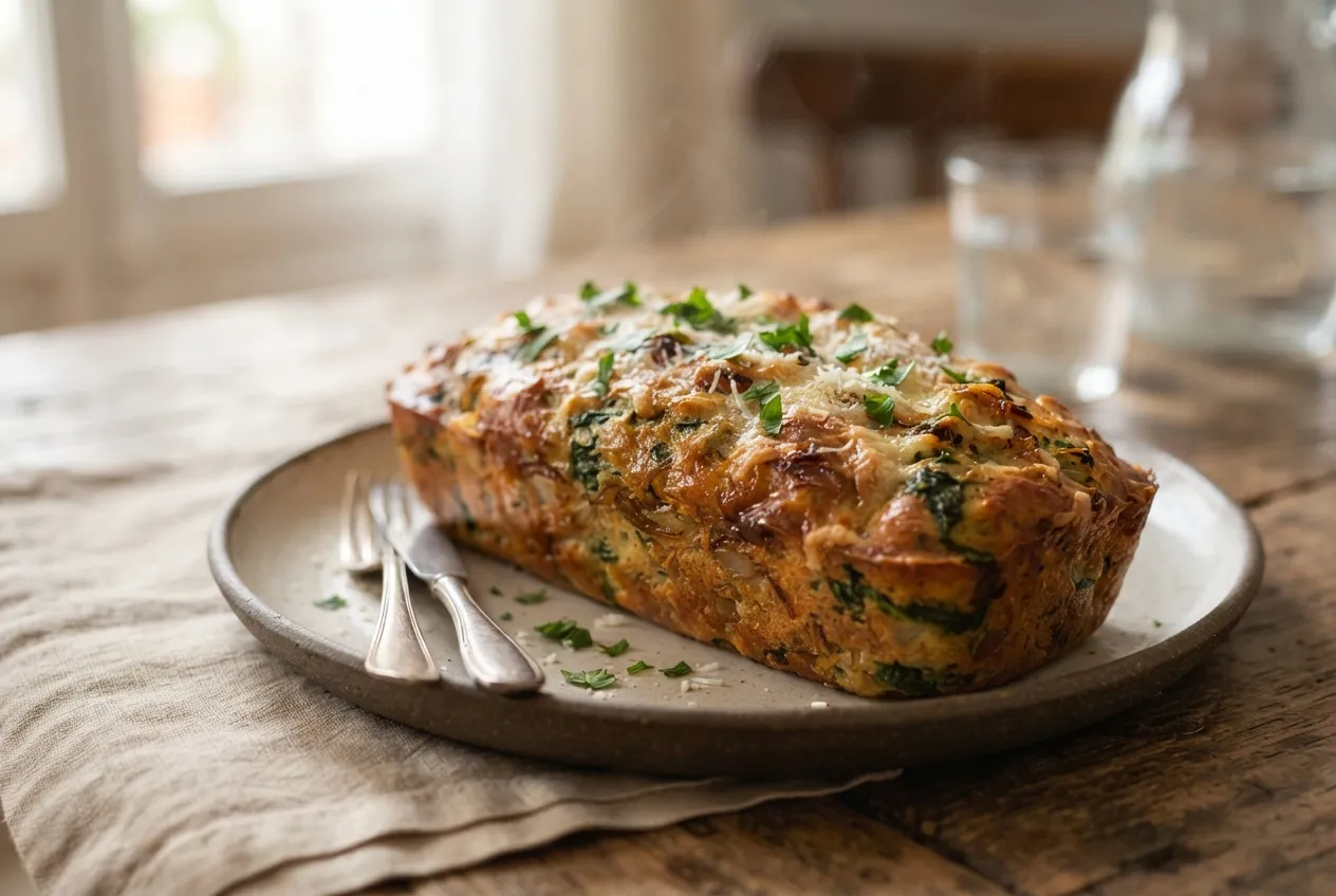 Budín salado de espinaca, cebolla y queso rallado