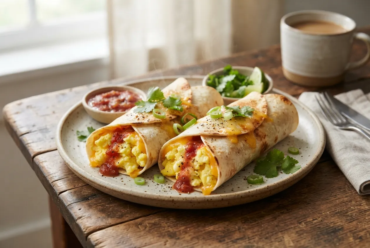 Burritos con huevo revuelto, queso y salsa picante para desayuno