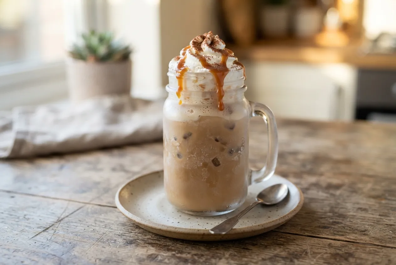 Café frappé con leche y caramelo para meriendas frescas