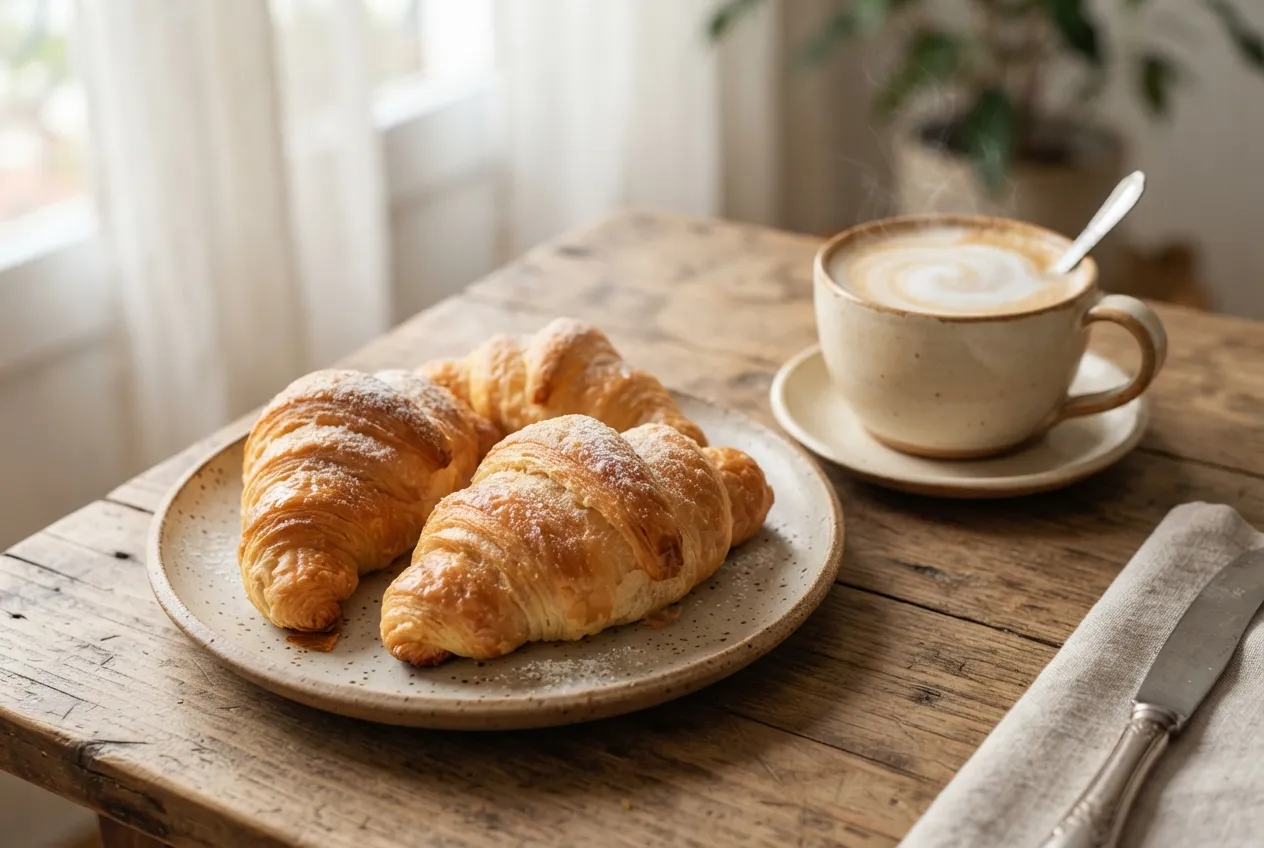Café con leche con medialunas crocantes para despertar