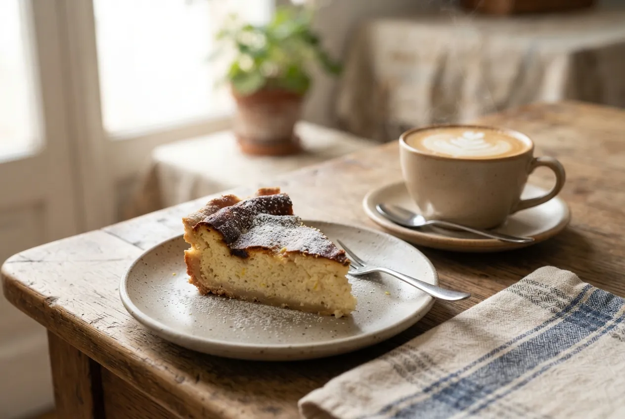 Café con leche y torta de ricota casera para la tarde