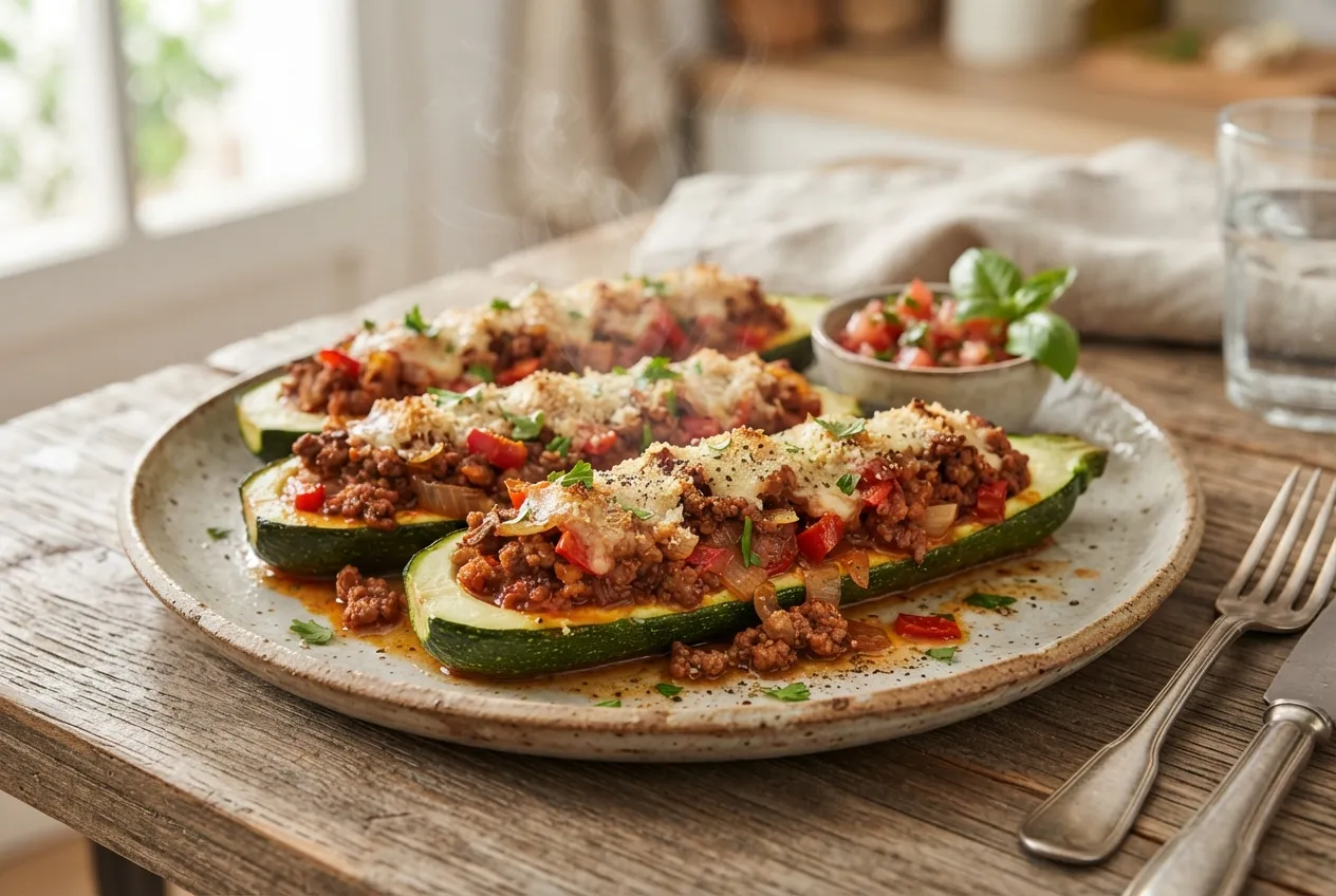 Calabacines rellenos con carne y verduras al horno