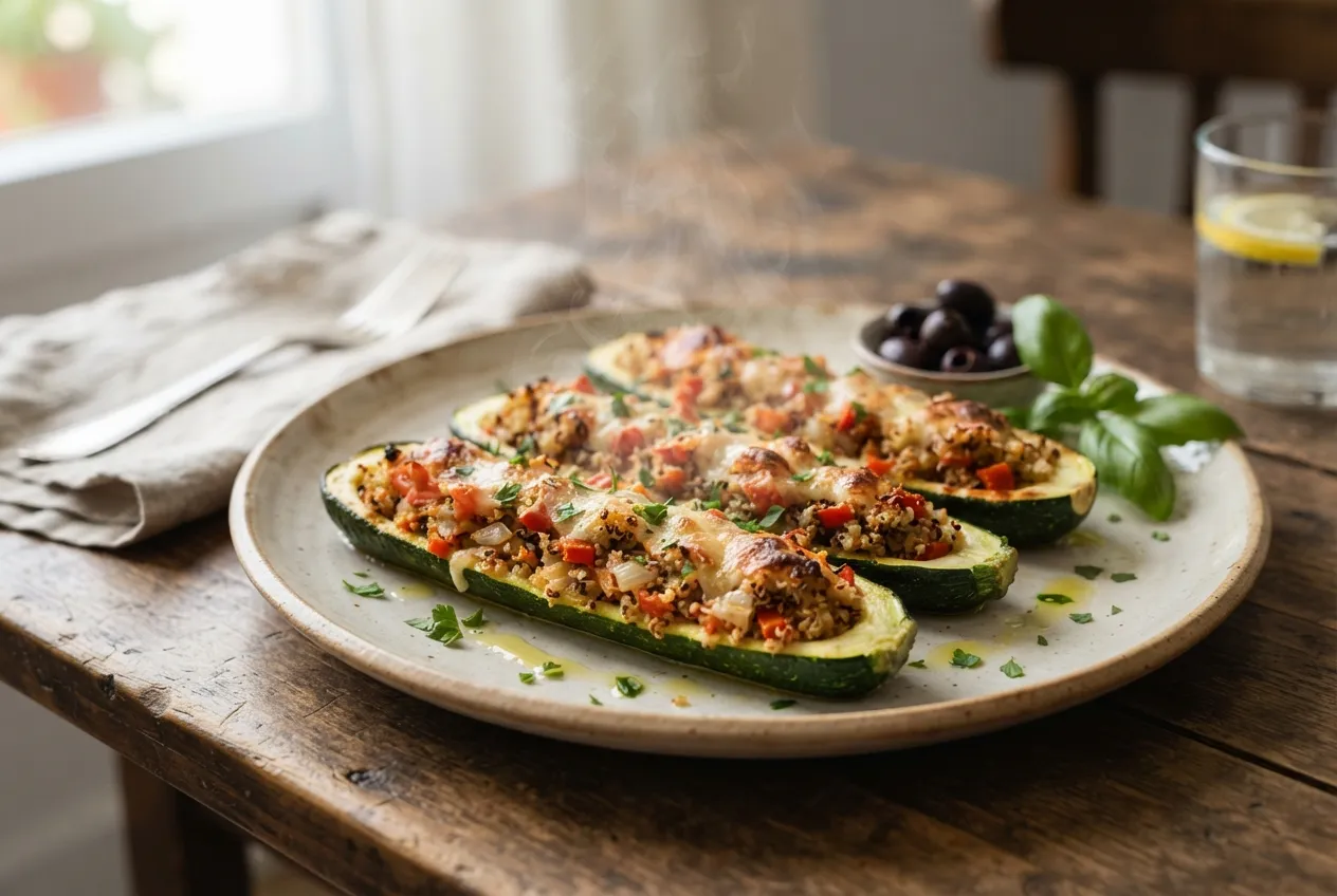 Calabacines rellenos de quinoa y verduras al horno